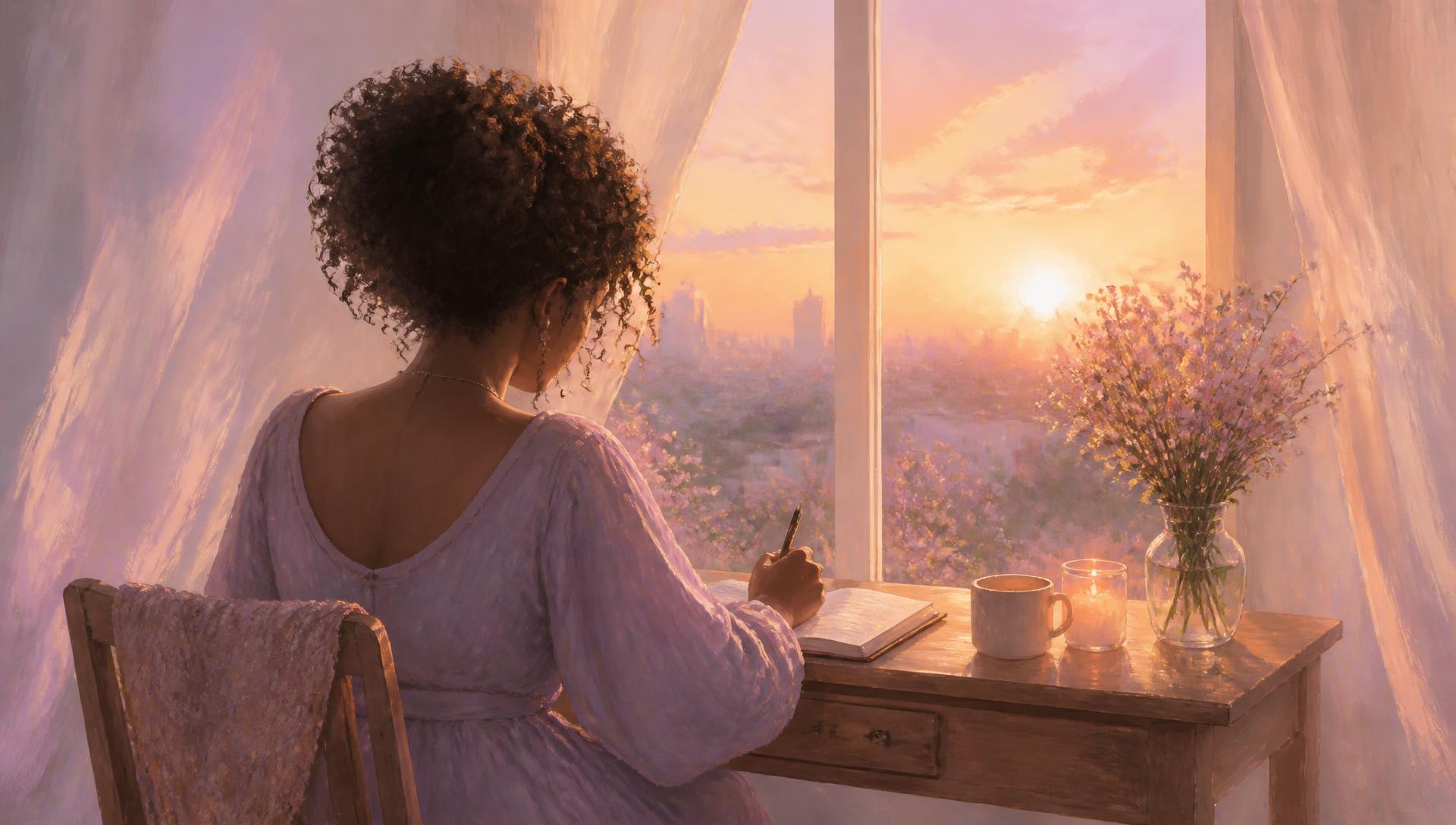 Esmée, femme noire aux cheveux bouclés, écrit dans son carnet face à une fenêtre au coucher du soleil